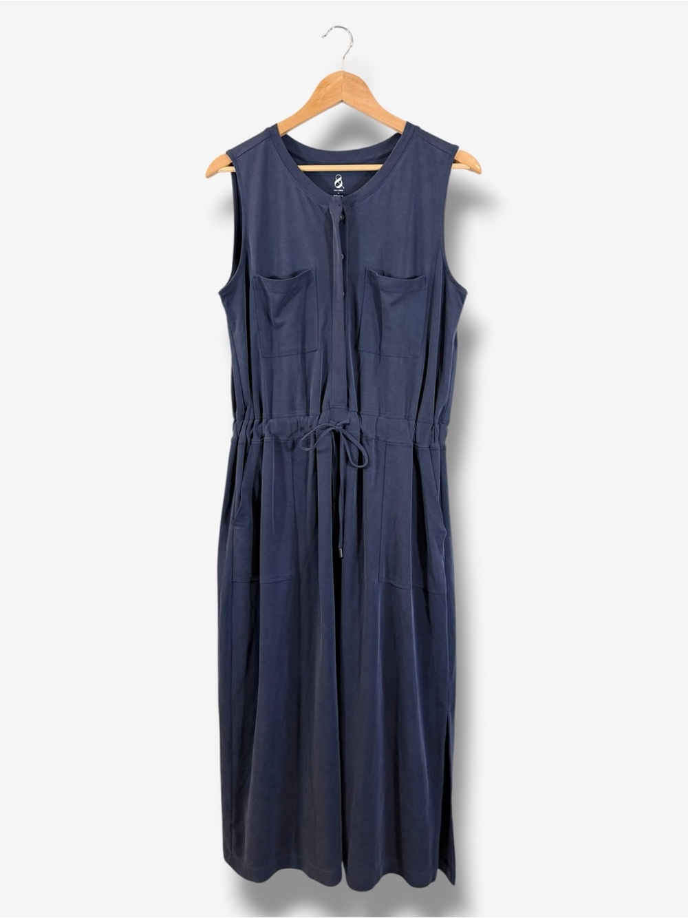 Lou & Grey Blue Midi Shirt Dress Size M Side Slit Button Front Drawstring Waist